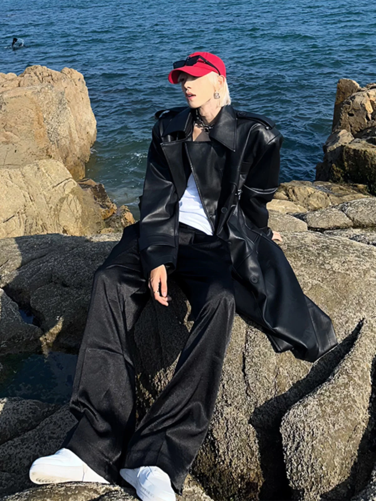 

Bla PU Leather Men's Jaet oulder Padded Medium-Length Coat Casual Sle Youthful Energy Trendy Flip-Collar Autumn Wear