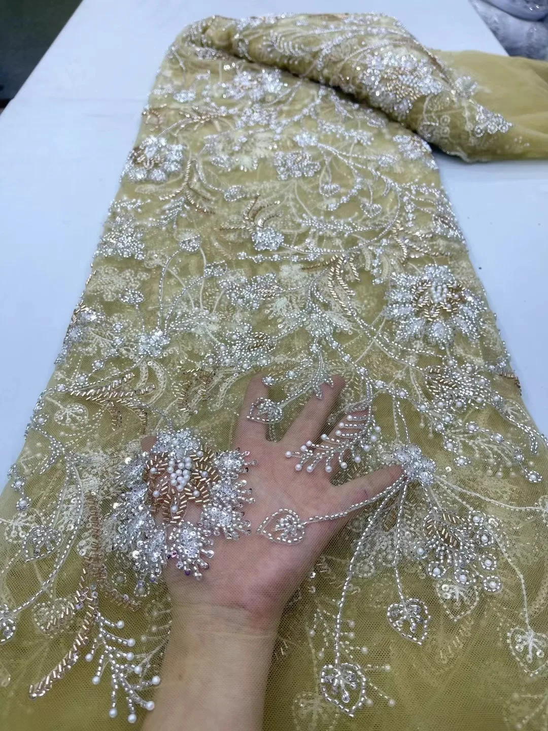 Tecido de renda com tubo frisado para vestidos de casamento, moda mais recente e delicada, lantejoulas macias, melhor qualidade, mais recente e elegante, 2024, 5 jardas