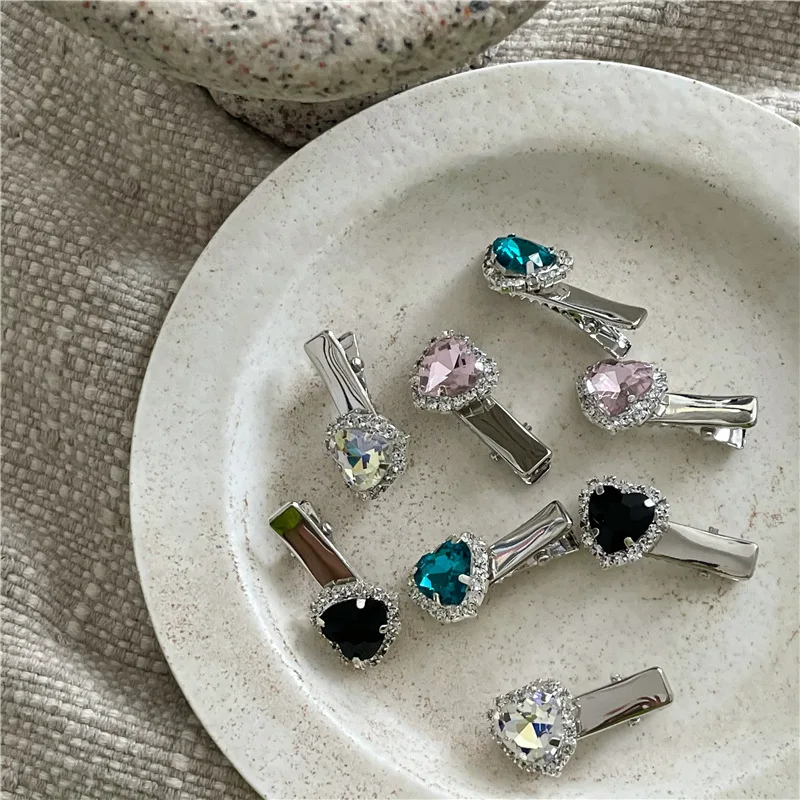 Light Luxury Heavy Industry Micro Inlay Rhinestones Love Small Hairclip Side Clip Cold Style Silver Metal DuckbillClip Bang Clip