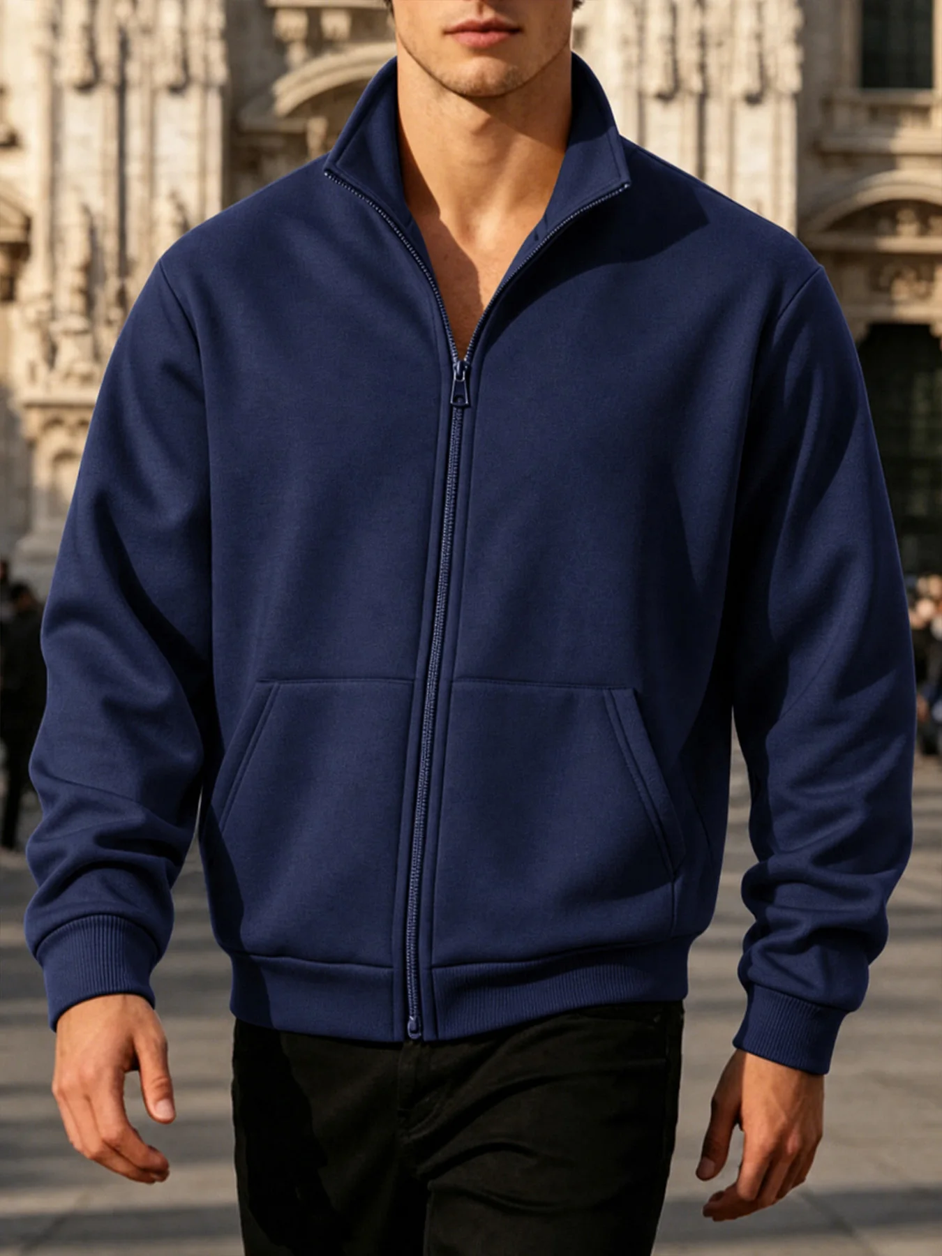 Minimalist Full Zip Stand Neck Men Sweatshirt Soft Fabric Side Storage Pockets Ribbed Cuff Hem Versatile Jacket For Morning