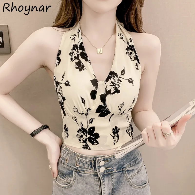 Summer Camis Women Padded Floral Print Sexy Hot Slim Halter Basic Female Design All-match Minority Nightclub Party Ulzzang Mujer