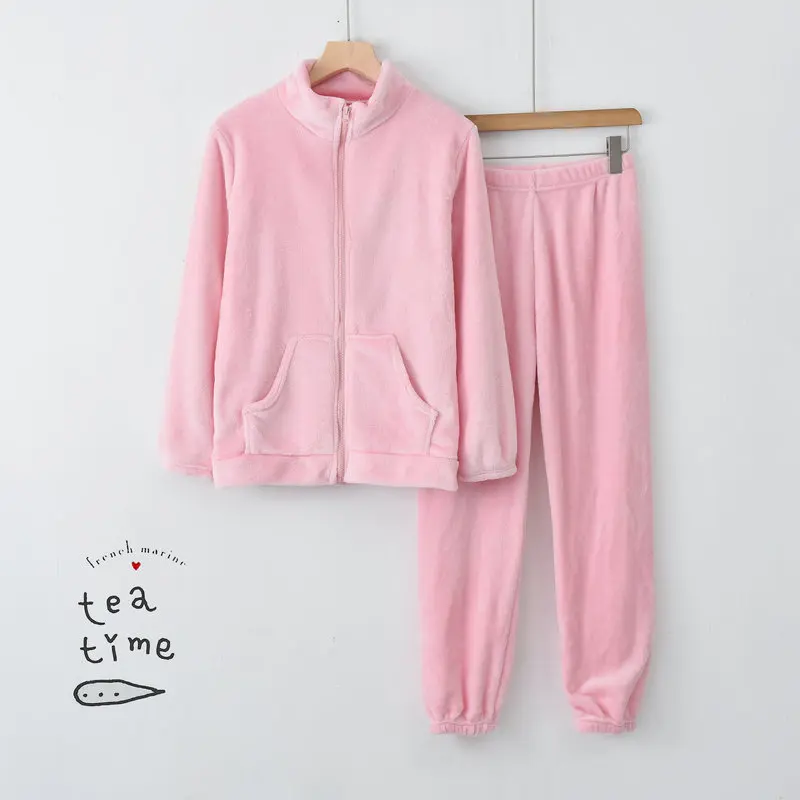 Winter neue Frauen Flanell warme Pyjamas Lounge wear zweiteilige Home Anzug Nachthemd Reiß verschluss hohe Kragen Strickjacke Kleidung zum Schlafen