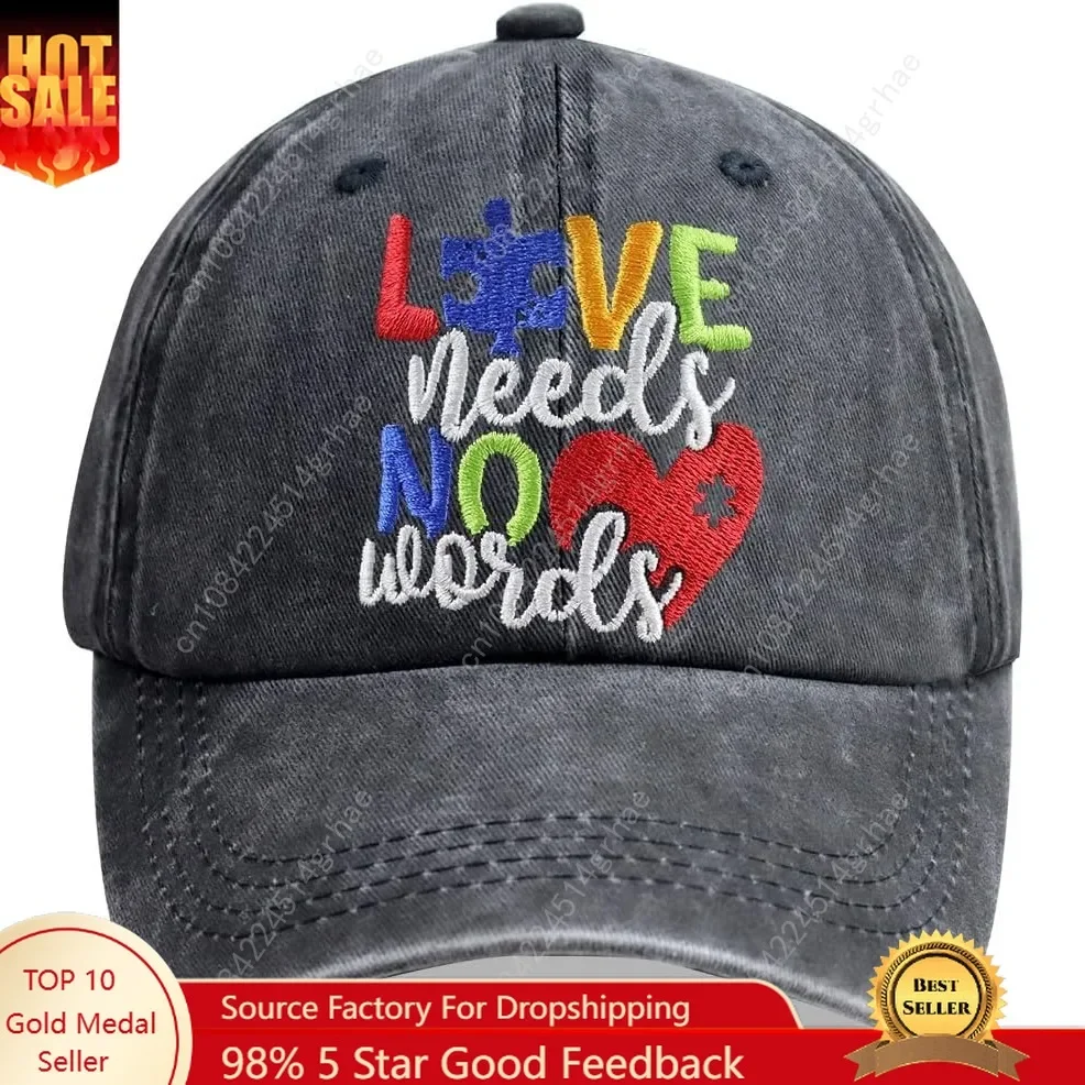 

Love Needs No Words Hat, Love Heart Autism Puzzle Graphic Baseball Cap, Adjustable Embroidered Wash Cotton Autistic Hats