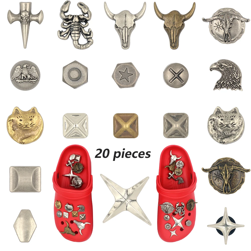 Shoe Charm 크록스 참 Accessories Shining Stars Eagle Buffalo Cat Scorpion Украшения Snap-in Metal Sandals Adornos 1 Set 20 Pieces