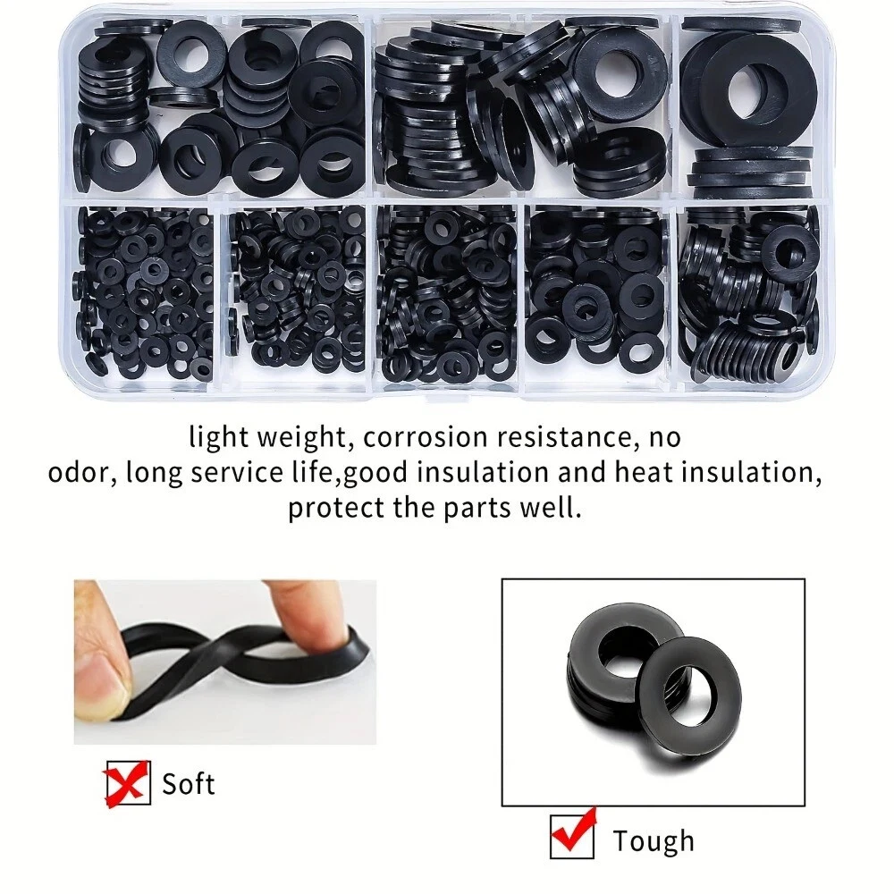 500Pcs Flat Washers Nylon Rubber Rings Plain Repair Gasket Assortment M2-M10 Kit Self-tightening Design