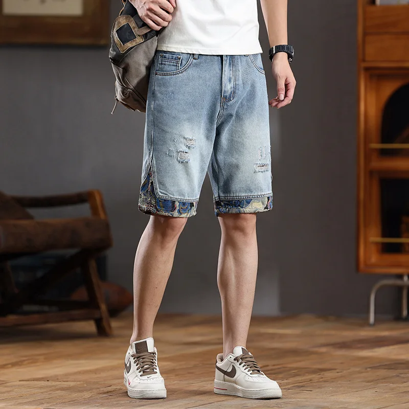 High Street Denim Shorts Men's Trendy Scratch Versatile Summer Thin Loose Elastic Light Blue Trendy Brand Embroidered Shorts