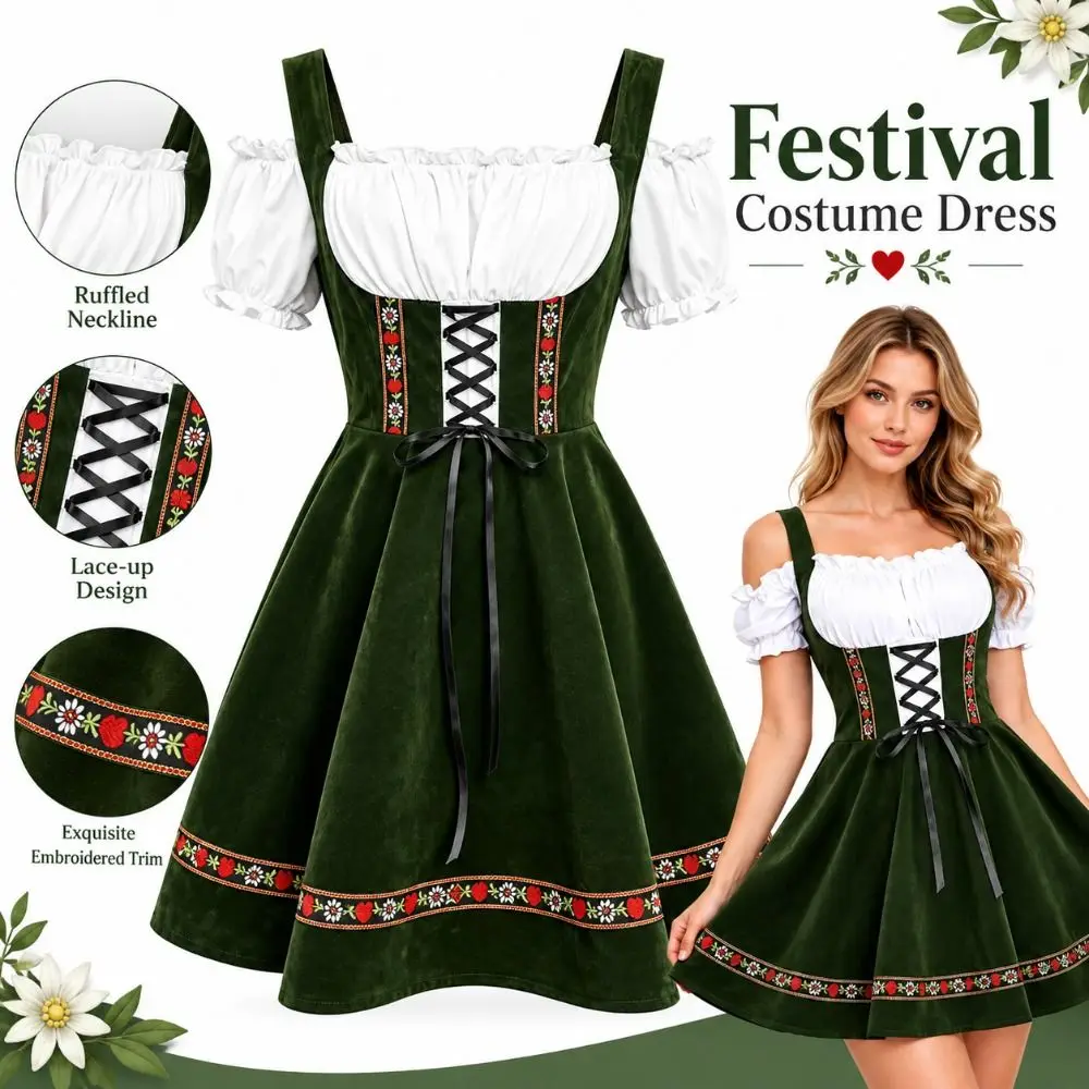 Ruffled Detail Bavarian Dirndl Dress A-Line Silhouette Lace-Up Front Oktoberfest Costume Square Collar Polyester