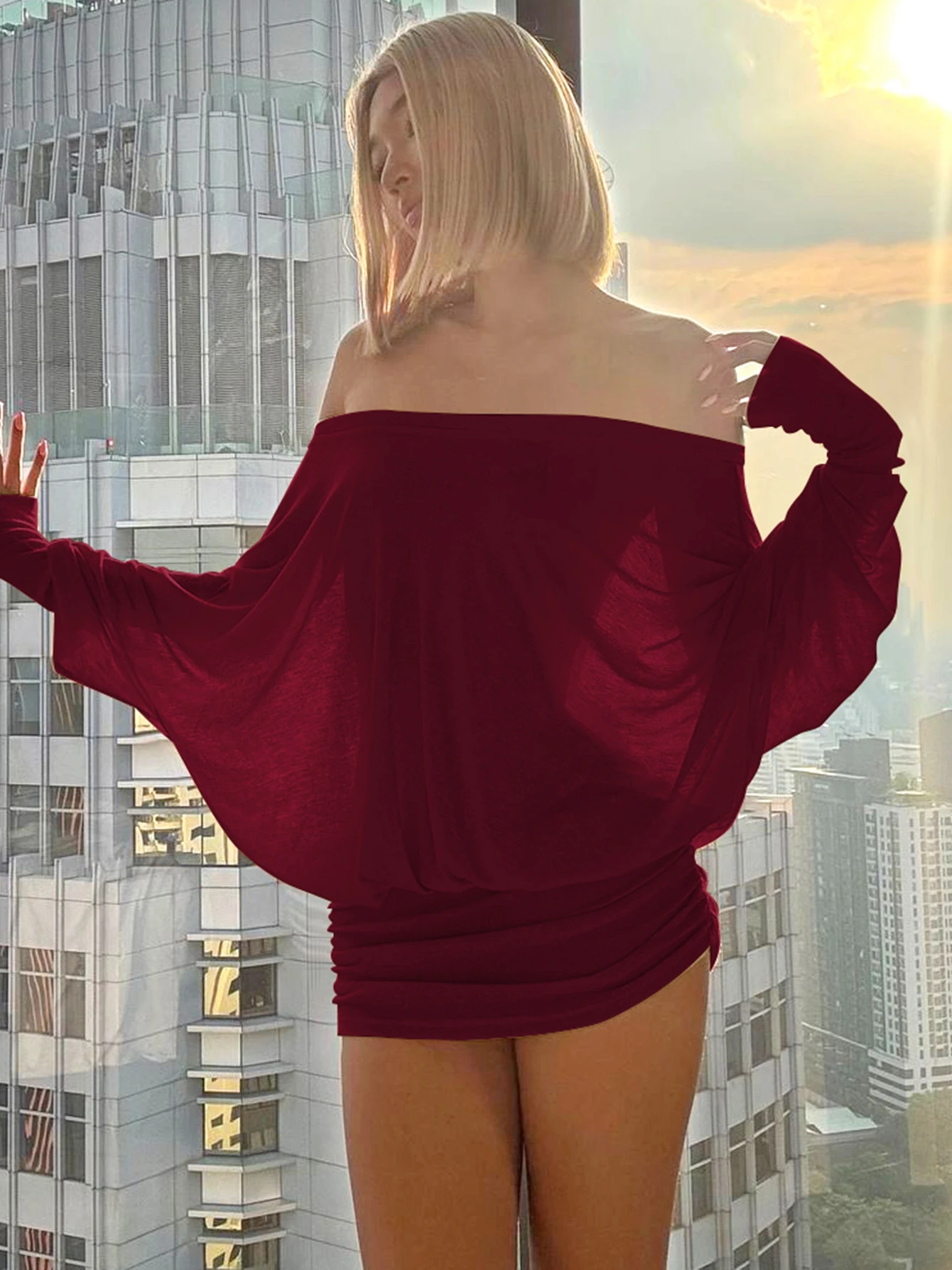 Dulzura Off Shoulder Long Sleeves Ruched Patchwork Mini Dress Women’S Sexy Elegant Casual Outfit Party Clubwear Spring Summer