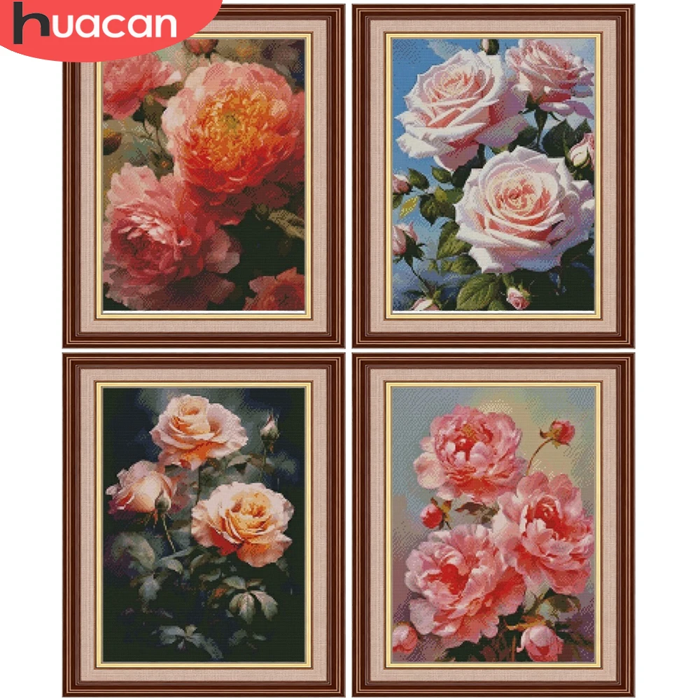 

HUACAN Embroidery Sets Rose Flower Cross Stitch Kit Novelties loak Peony 11CT Hobbies Creative Diy Needlework Wall Decor