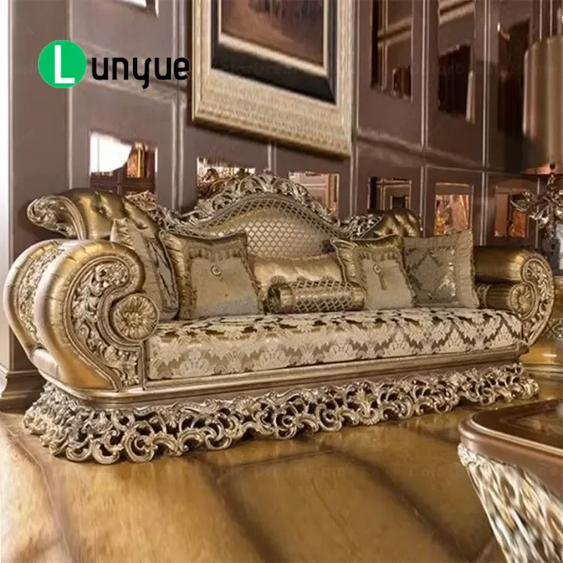 Royal Antique Gold Traditional Wooden Baroque Sofa and Chair Set Living Room Home Furniture with Coffee Table Classic Luxury