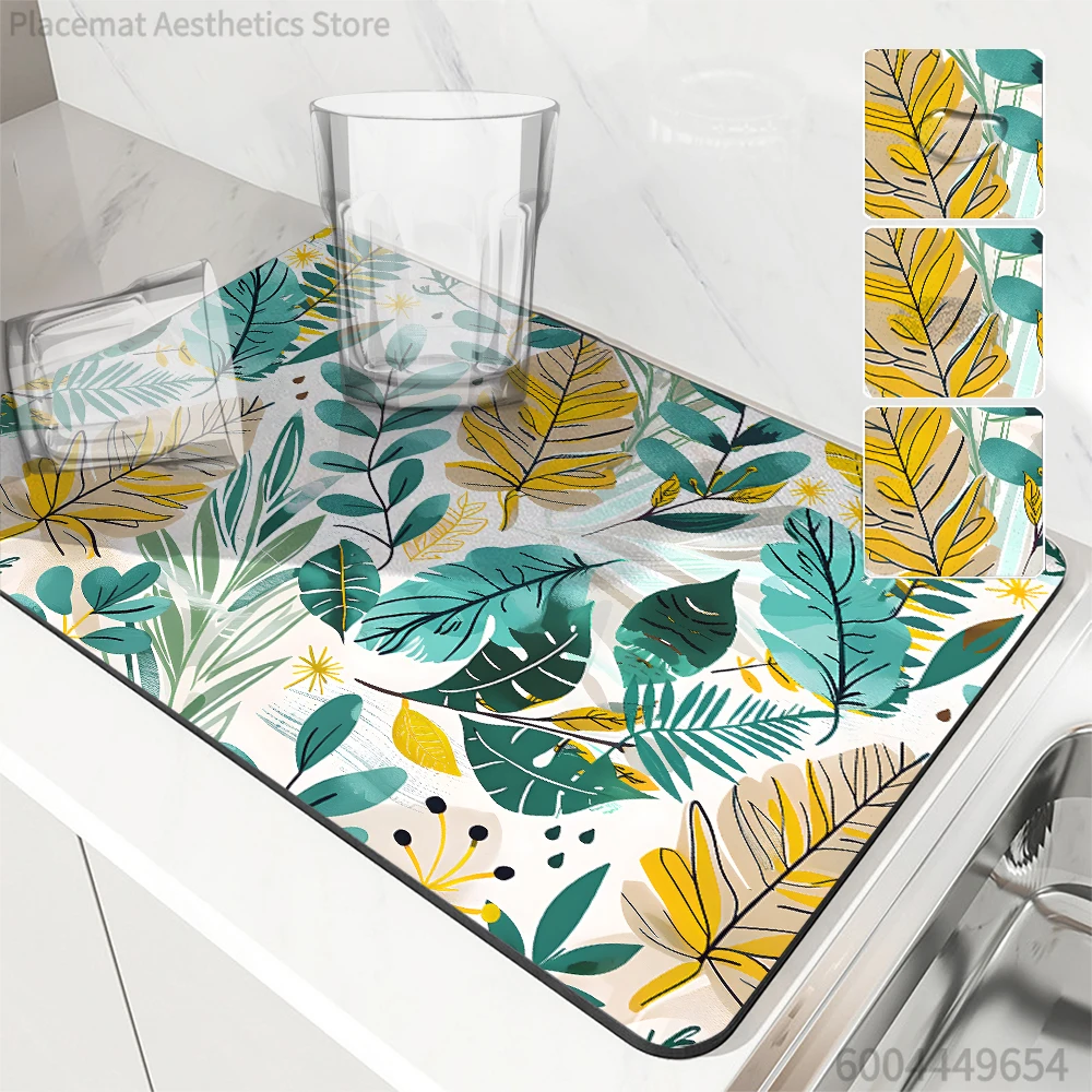 Absorbent Mat Plants Flowers Watercolor Turtle Back Kitchen Antiskid Drying Mat Quick Dry Bathroom Drain Pad Tableware Mat