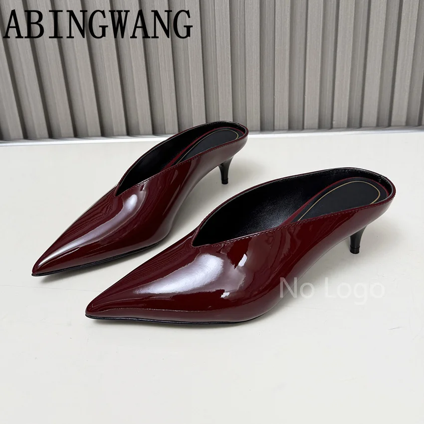 2025 Summer New Patent Leather Slip On Pointed Toe Kitten Heels Slippers for Women High Quality Sexy Party Dress Pumps Shoes
