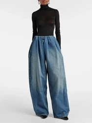 Pants y2k fall and winter pinch pleat bud waist loose wide leg pants cotton denim2024 straight mopping pants large femme pants