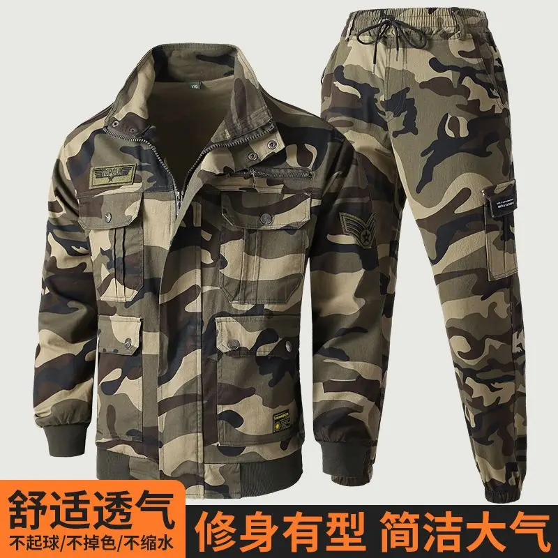 Men Elastic Camo Workwear Set Pure Cotton Multi Pocket Camouflage Jacket Cargo Jogger Pants Heat Resistant Construction Work Sui
