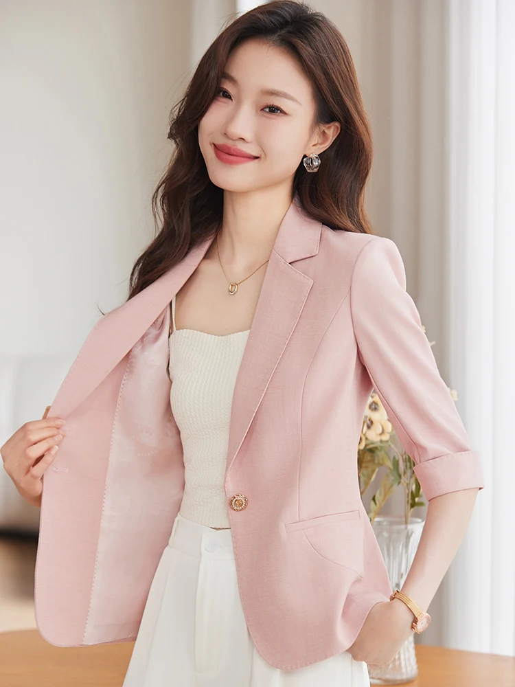 

Pink Suit Jacket Women's Casual Short Sleeve Business Shirt Spring Autumn Fashion Elegant Slim Fit Button Pocket Design