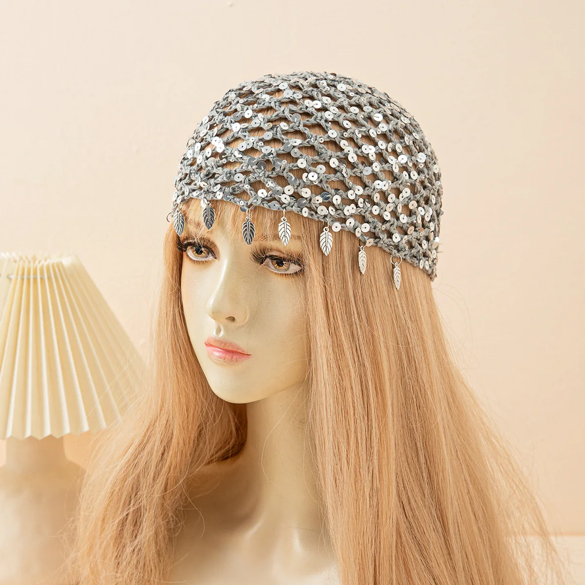 Korean-Style Solid Color Handmade Hollow-Out Crochet Ins-Style Sequin Fishnet Style Wool Hat Fashionable Hat for Spring  Summer