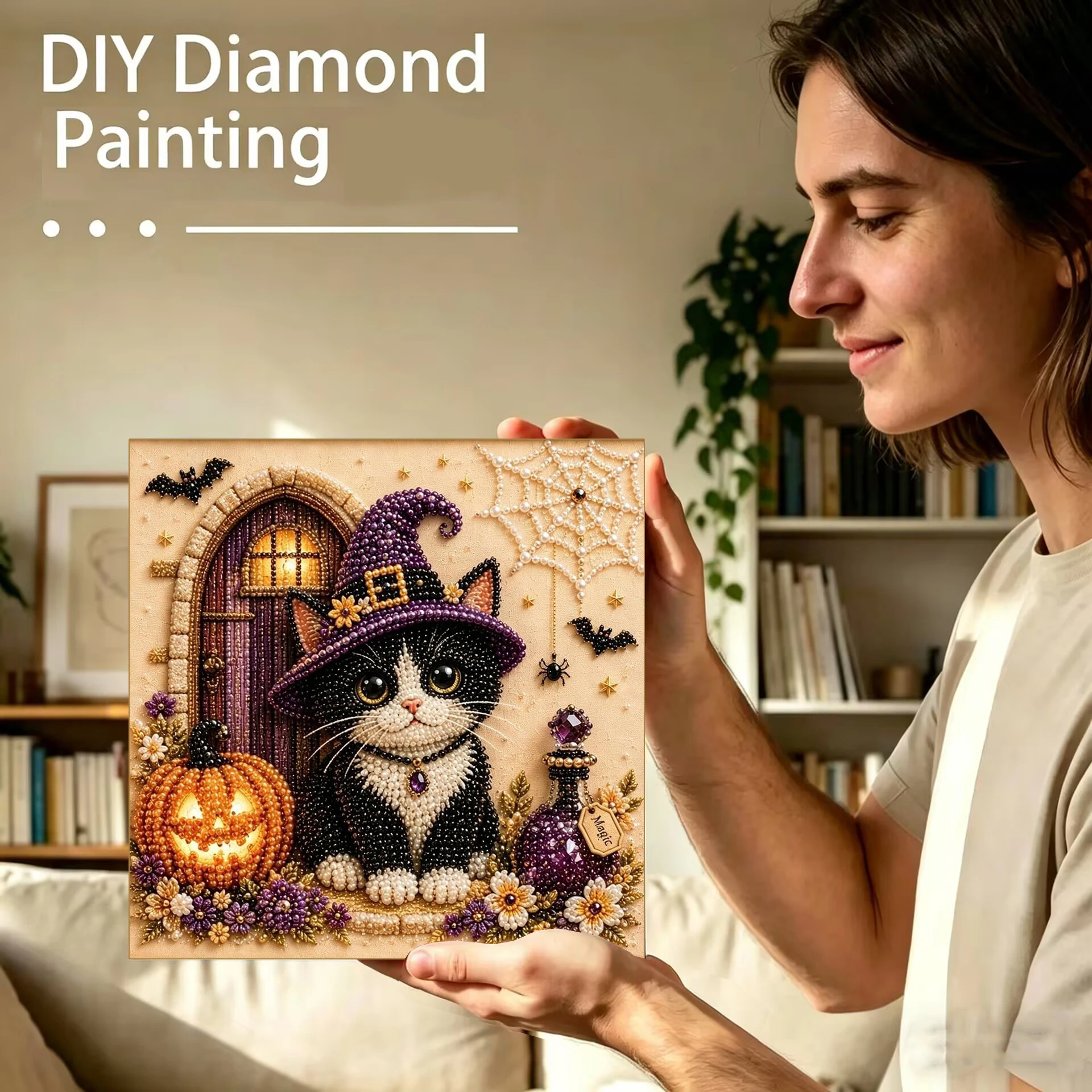 DIY Diamant-Malerei-Set - Halloween-Katze Perlen-Diamant-Malerei, teilweise vorgestanzte Leinwand, perfekt für Heimdekoration und Feiertage – Detail 4