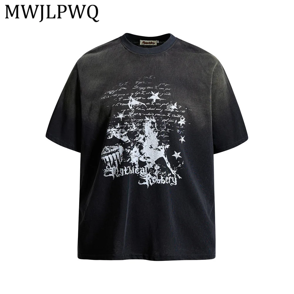 MWJLPWQ Camiseta unisex con estampado de caballero en degradado, estilo americano vintage, cuello redondo holgado, manga corta, top informal de moda urbana 15436