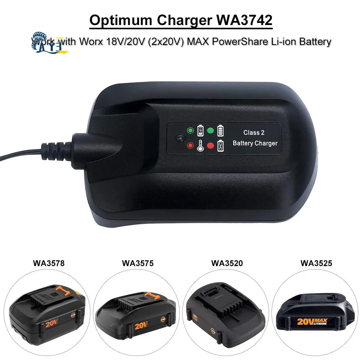 Chargeur au Lithium WA3742 WA3732, prise AY032, 20V, Compatible avec la batterie Worx 18V/20V Powershare WA3525 WA3520 WA3512 WA3512.1