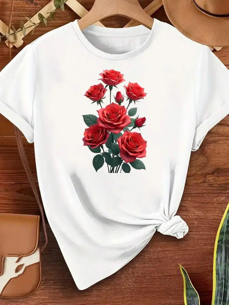Koszulki damskie w stylu kwiatowym z lat 90., urocze, popularne, z okrągłym dekoltem, codzienne, z nadrukiem, z krótkim rękawem, modne, graficzne.