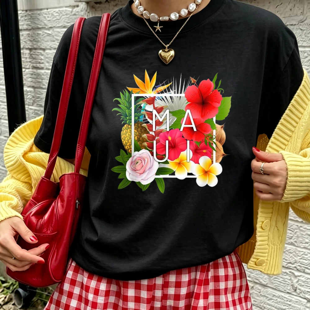 Women Cotton Tshirt MAUI Hawaii Hibiscus Plumeria Pineapple Tropical Floral Square Frame Print Summer Vacation Travel Casual Tee
