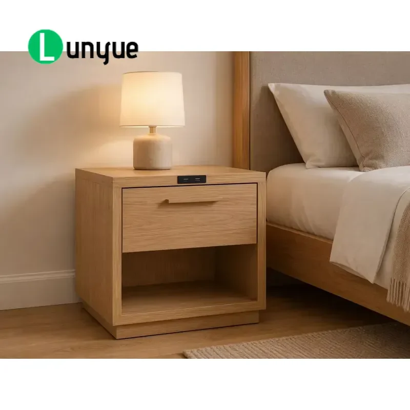 Traditional Oak Finish Bedside Table with USB Charging 1 Drawer Storage Eco Friendly Nightstand for Bedroom Furniture