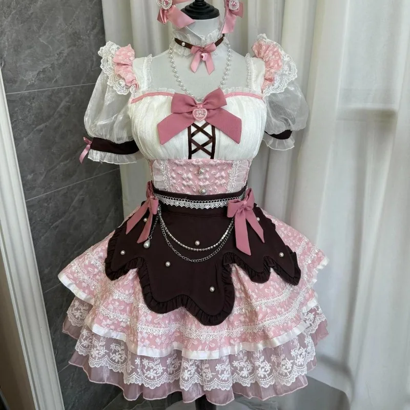 Sweet Y2k Lolita Maid Square Neck Puff Sleeves Lace Bow 2 Piece Dress Set Chocolate Pink White Tiered Birthday Dresses for Woman - view 6