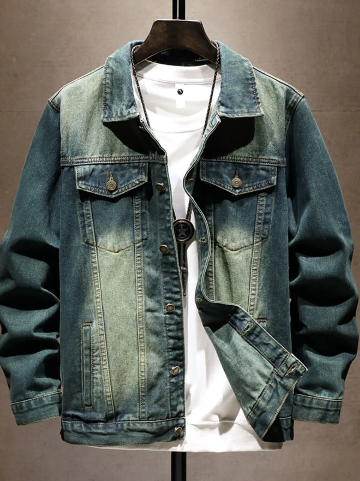 

American Retro Gradient Green Spring Autumn Men's Loose Large Size Fashionable Motorcycle Jacket Denim Coat Youth Trendy Top