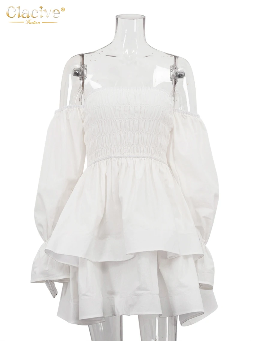 فستان نسائي قطني أبيض فضفاض مثير من Clacive برقبة مائلة وأكمام طويلة فساتين قصيرة أنيقة عالية الخصر مطوي فستان نسائي