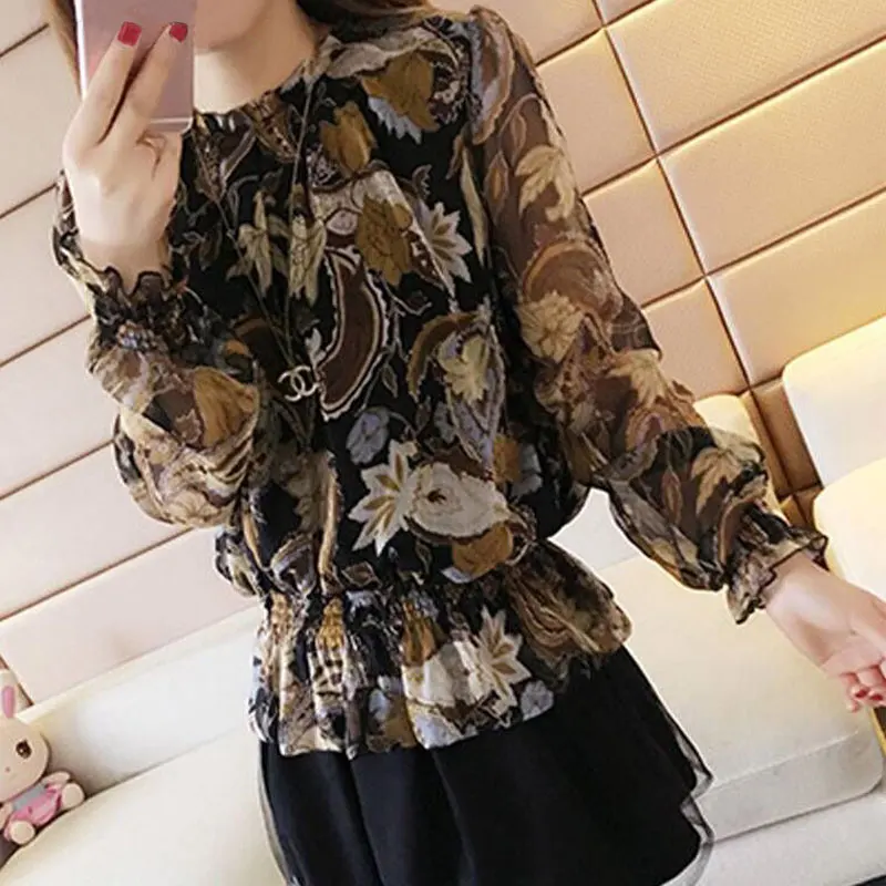 Commute Round Neck Blouse Spring Autumn Fashion Shirring Vintage Printed Korean Female Clothing Loose Casual Long Sleeve Shirt