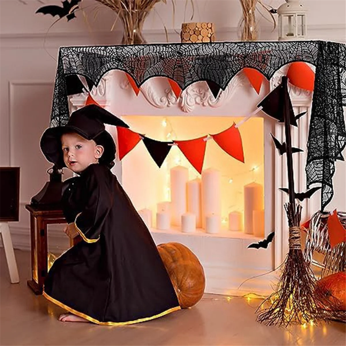 Halloween Fireplace-Mantle Scarf, Spiderweb Mantel Black Lace Fireplace-Mantle Cover Festive Party Gothic Indoor Decor