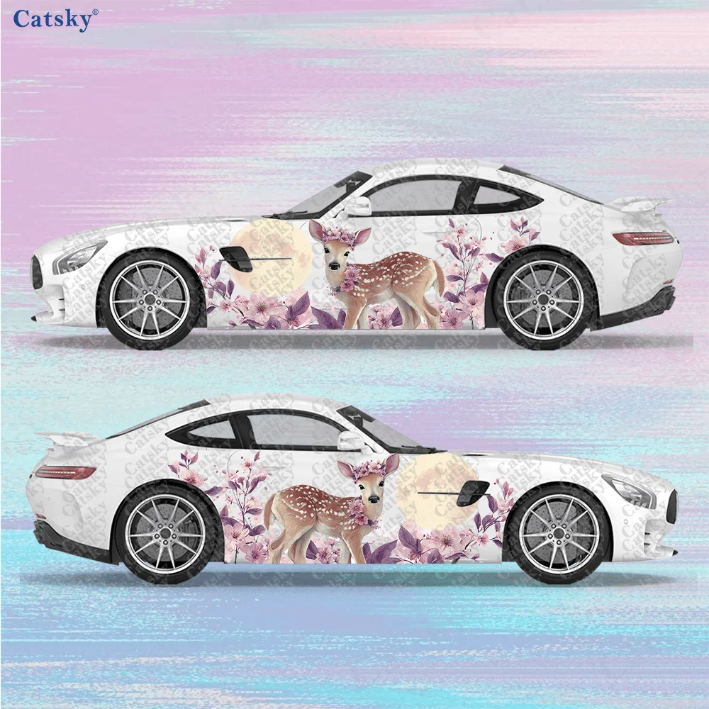 

2pcs Flower and Deer Under Moon Car Side Wraps, Self-Adhesive PVC Waterproof & Scratch-Resistant Stickers, Car Accessory Gift
