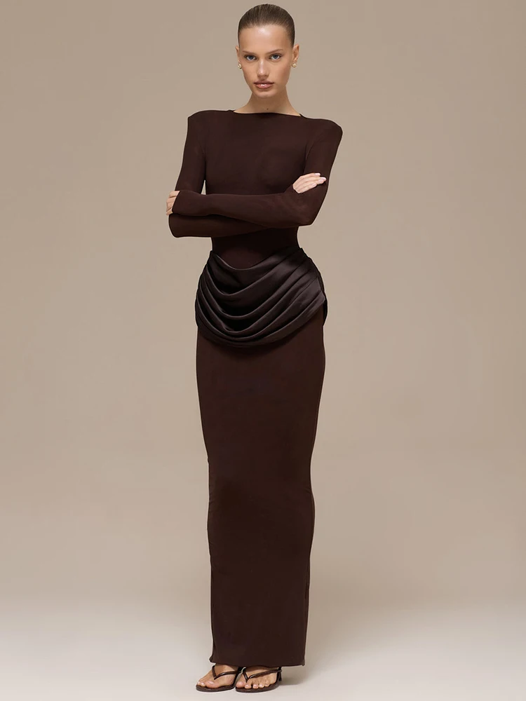 Mozision с длинным рукавом и высокой талией, рюшами, сексуальное платье макси, женское платье, элегантное облегающее платье с круглым вырезом, клубные вечерние длинные платья с разрезом, женские