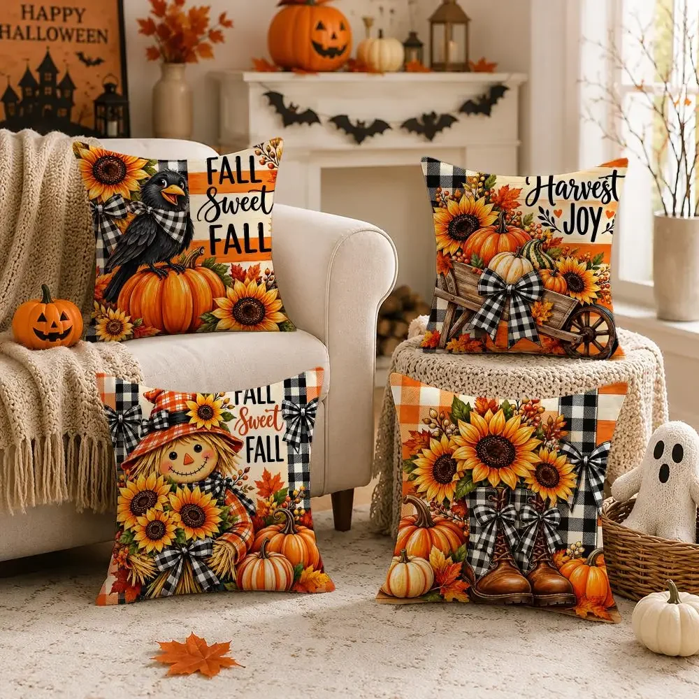 Sunflower Scarecrow Autumn Cushion Cover 1/4PCS Short Plush Pillow Cover Set Soft Decorative Cushion Case for Sofa  Home Decor