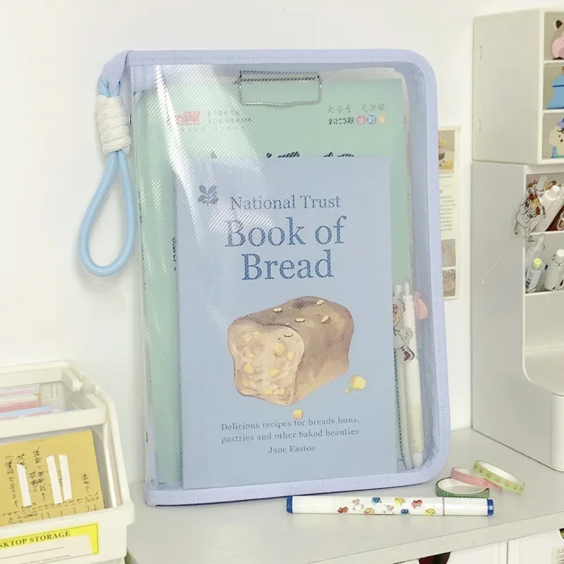 File Folders Transparent  Macaron A4 File Bag Large Capacity Textbook Zipper Student Portable Thickened Waterproof Storage Bag