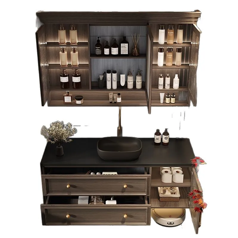 Song-style aesthetics French retro oak bathroom cabinet rock slab sink upper basin combination