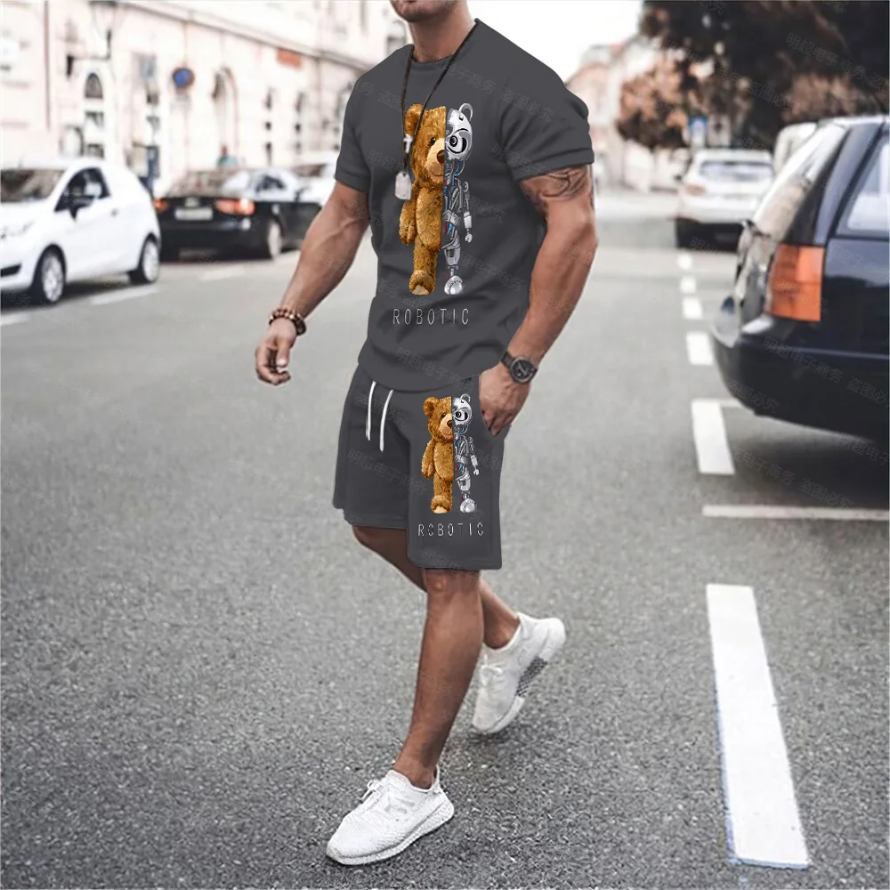 Cute Bear Men\'s O-Neck Casual T-Shirt Drawstring Shorts Sports All-Match Fitness Street Age-Reducing Style Plus Size Suit