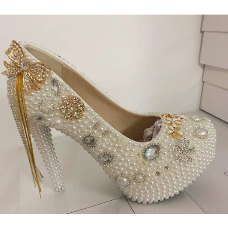 

Beige Pearl Platform Crystal Bow & Tassel Stiletto Pumps Rhinestones High Heels Women's Bridal Wedding Evening Dress Shoes