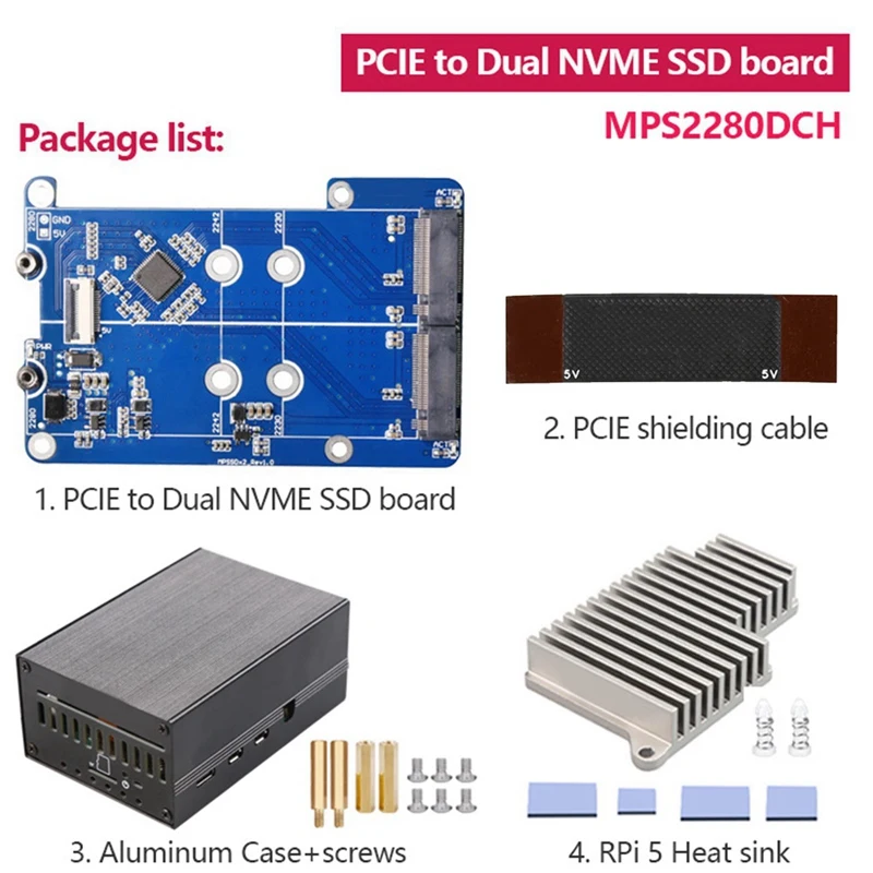 MPS2280D+Case+Pi5 Heat Sink For Raspberry Pi 5 PCIE To M.2 Dual NVME SSD HAT Support 2280/2242/2230 SSD Blue PCB