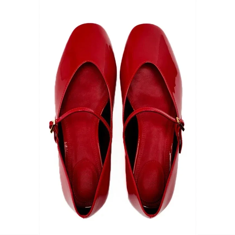 Woman Red Mary Jane Shoes 2024 Summer Chic Faux Patent Leather Flats Womens Fashion Round Toe Buckle Strap Single Shoes