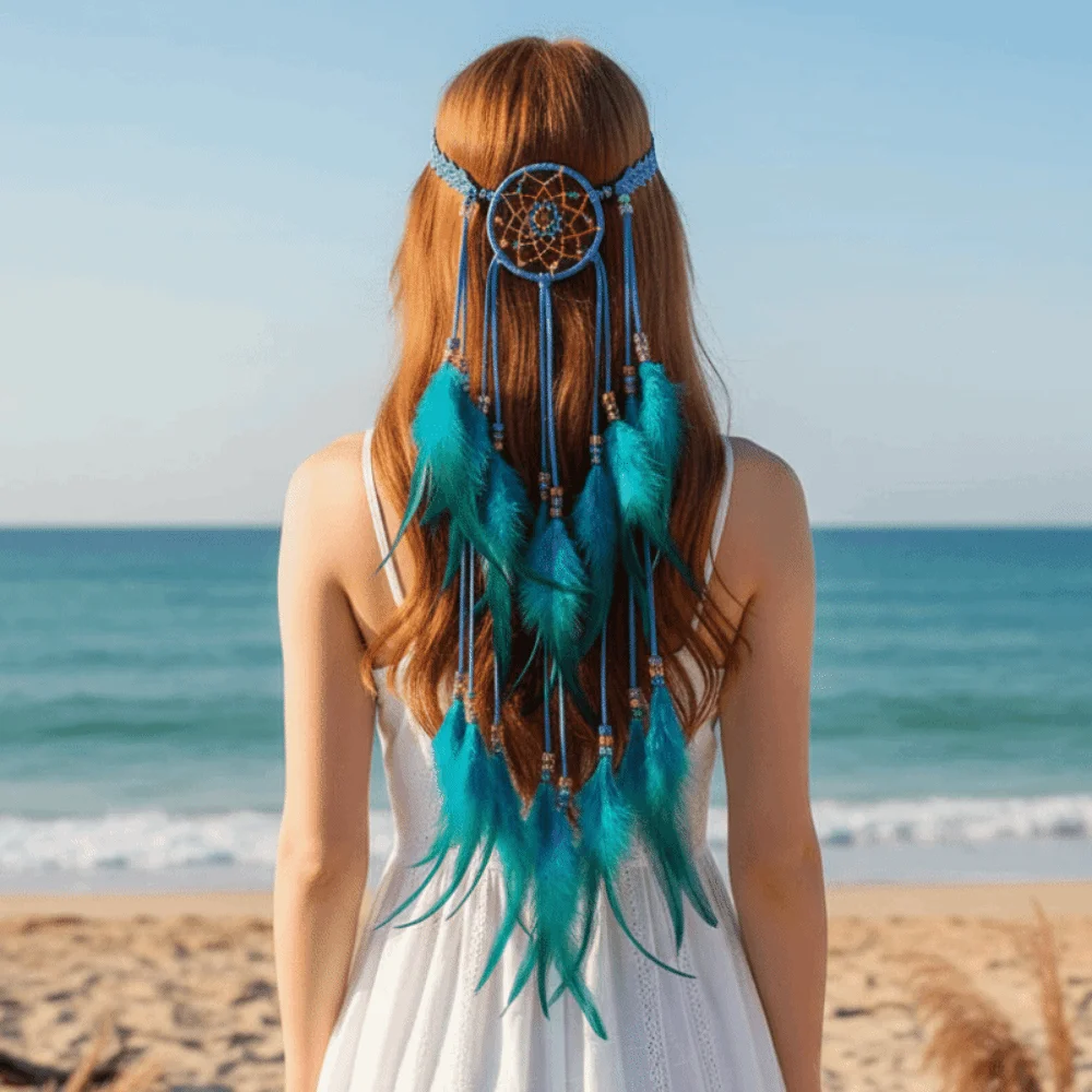 

Iconic Dreamcatcher Net Dreamcatcher Feather Headband Intricate Crochet Band Long Hanging Tassels Boho Tassel Headpiece