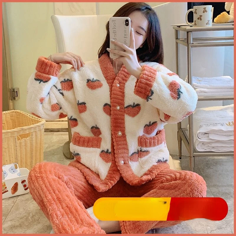 Conjuntos de pijamas de franela para mujer, ropa de dormir cálida, corales de lana, conjuntos de ropa de casa Kawaii, ropa de manga larga coreana, Otoño e Invierno