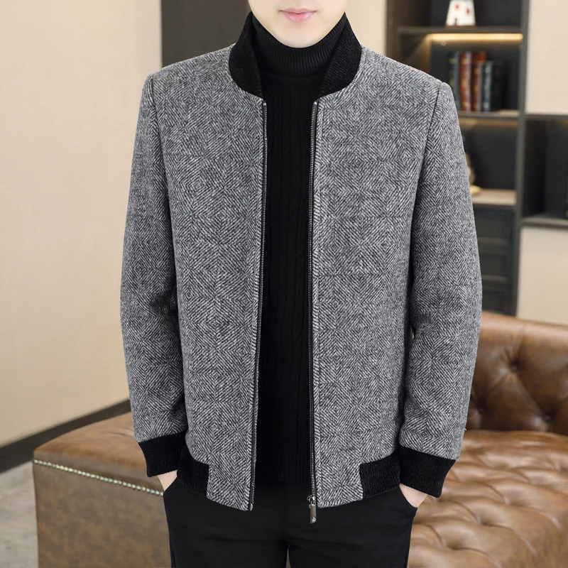

Winter Autumn Men Business Casual Wool Jacket Gray Khaki Round Collar Cashmere Blend Coat Old Money Style Clothes Effortless