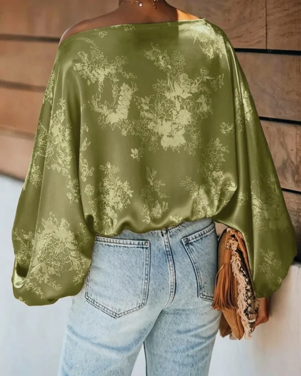 Damen-Satin-Jacquard-Oberteil mit gekerbtem Revers, lockerem Vintage-Schnitt und Laternenärmeln – Detail 2