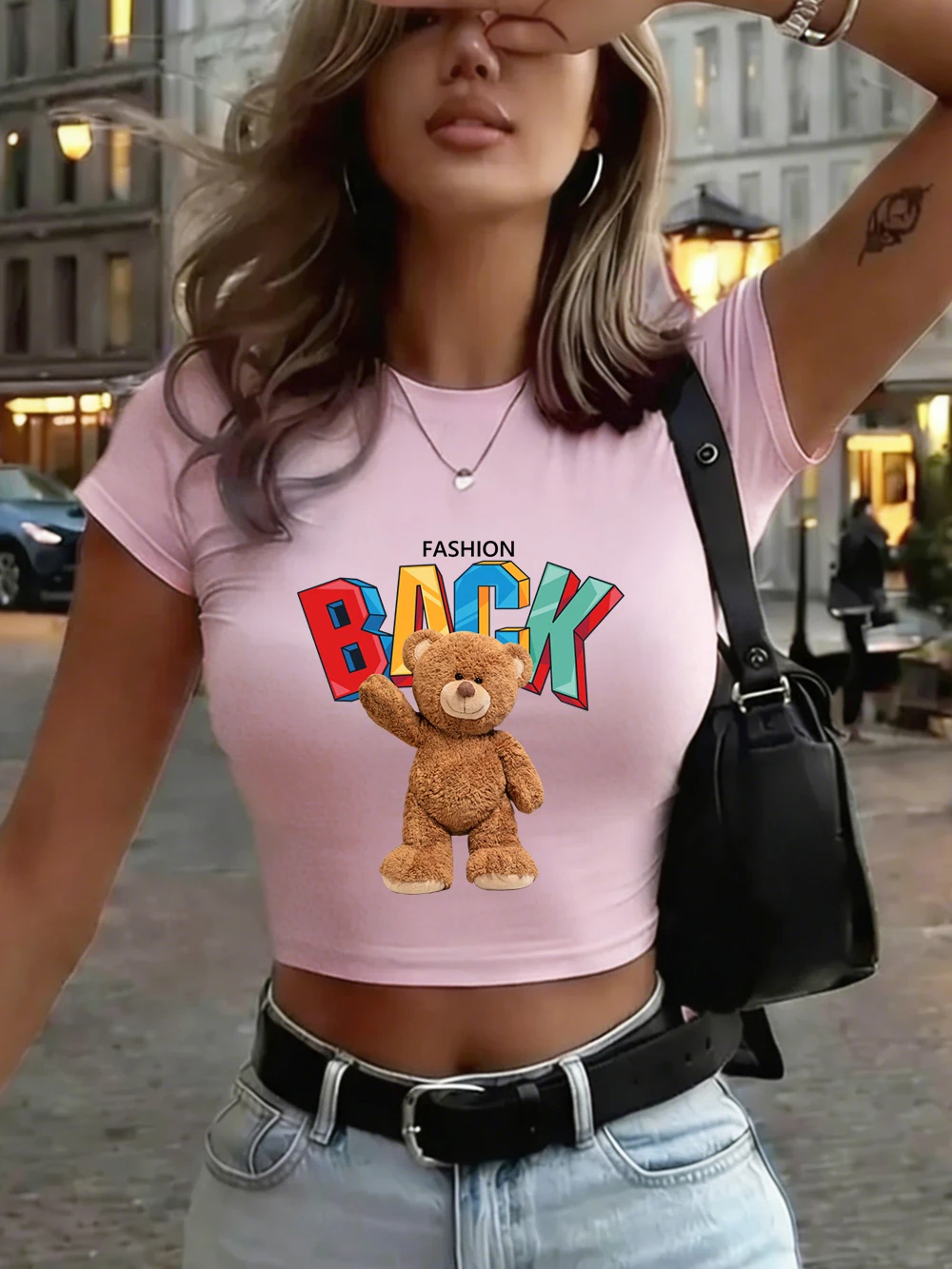 Cartoon Bear Fashion Back Printing Women Crop T-Sirts Summer O-Neck Slim Tops High Elastic Short Sleeve Tees Sporty Soft Clotes