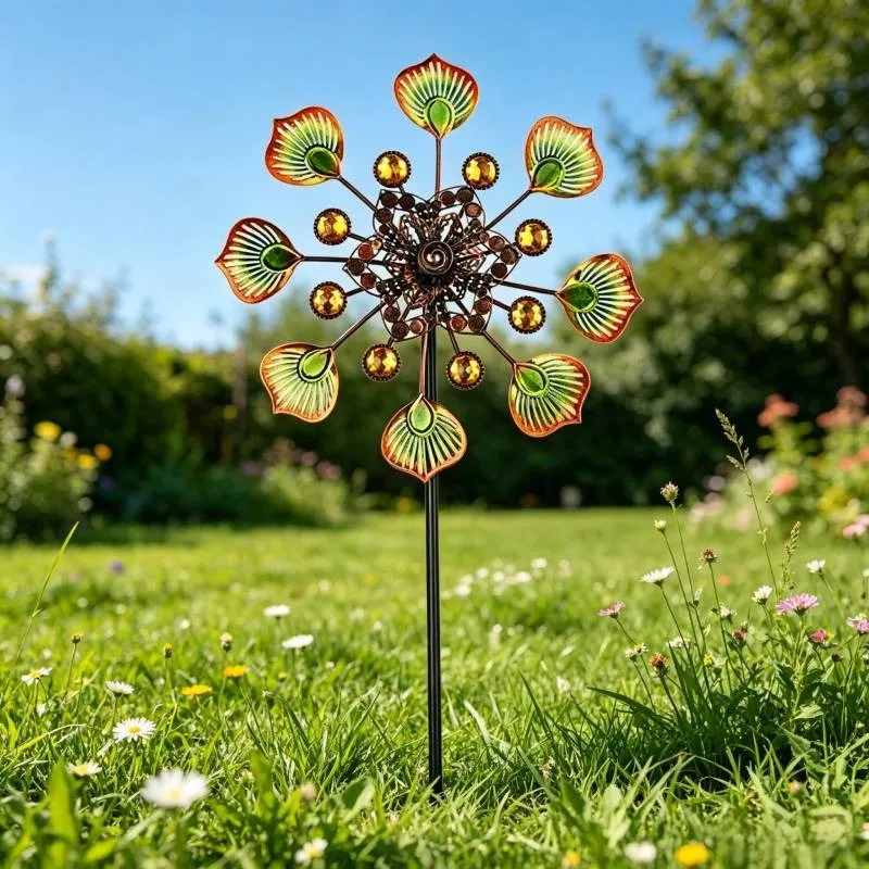 Colorful Peacock Windmill: A Metal Garden Ornamental Column and Kinetic Sculpture for Patios and Lawns