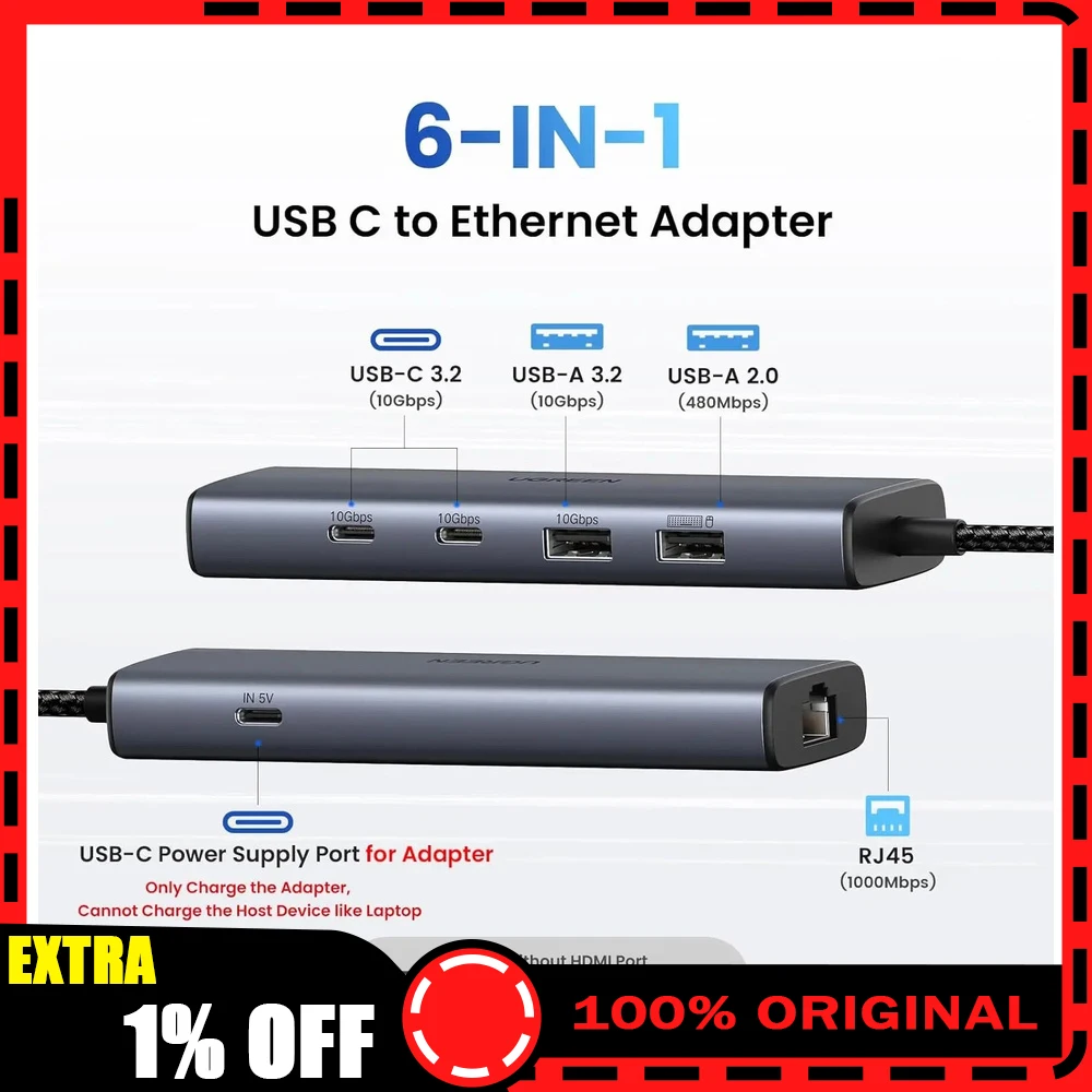 UGREEN  45320 5 in 1 USB C Hub 10Gbps USB C USB A Gigabit Ethernet Multiport Adapter for MacBook Laptop Tablet