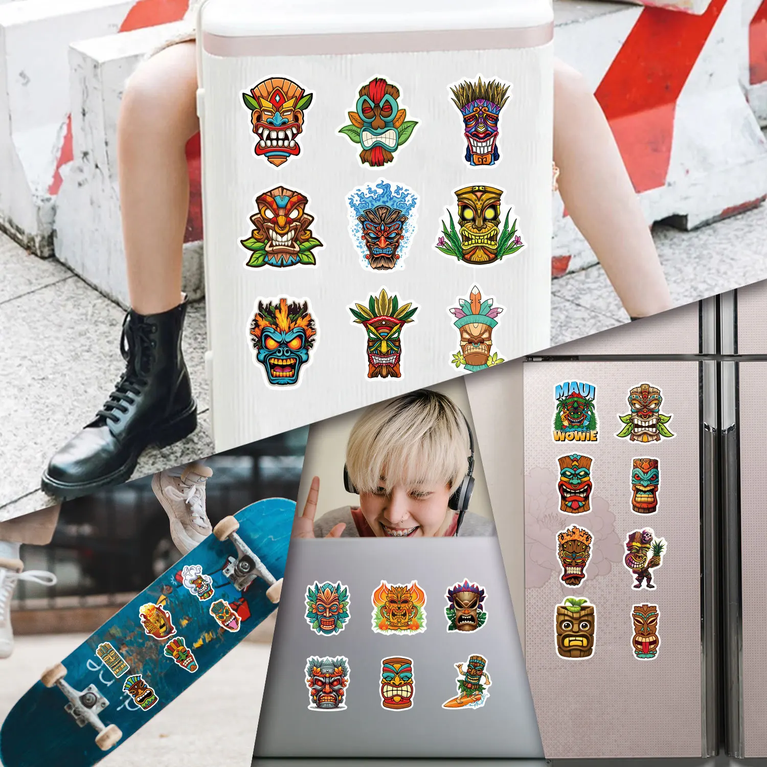 55 قطعة من ملصقات الرسوم المتحركة Tiki Mask Totem Graffiti المقاومة للماء DIY للهاتف المحمول والأمتعة والجيتار وملصقات كأس الكمبيوتر المحمول