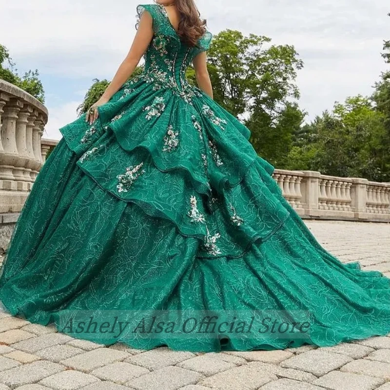 Изумрудно-зеленое платье Quinceanera по индивидуальному заказу с v-образным вырезом и кружевной аппликацией, с кристаллами и рюшами, женское вечернее платье для выпускного вечера, Vestido De 15 Anos Pageant