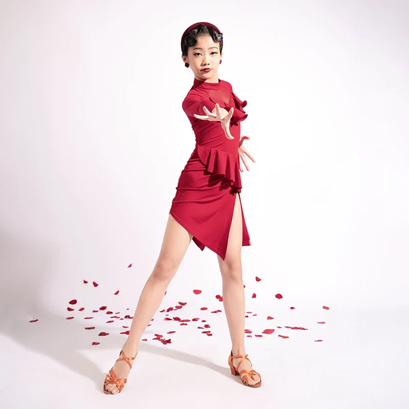 

Latin Dance Clothes Girls Long Sleeve Red/Black Samba Tango Ballroom Dance Competition Dress Samba Tango Salsa Costumes DWY8430
